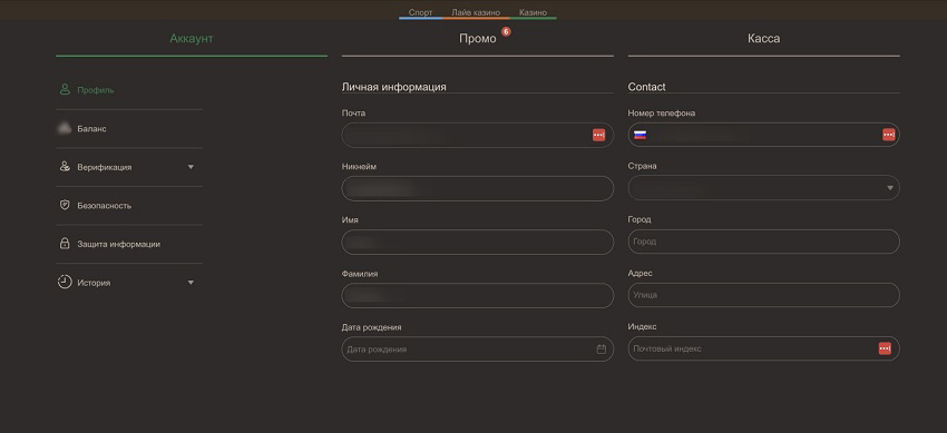 Данные в профиле